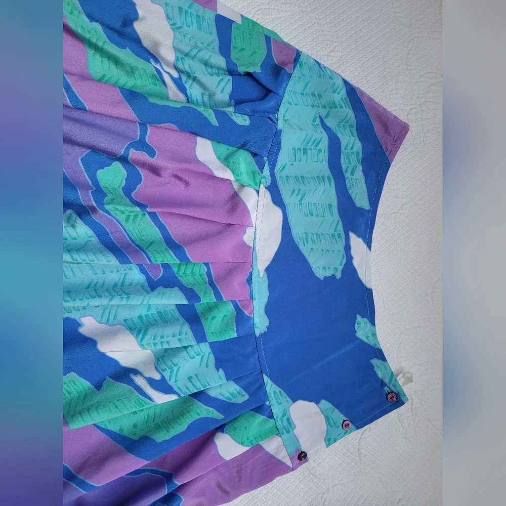 Malia Women's Flowy Skirt Colorful Aqua Watercolor Silky Polyester Buttons 8 - Picture 10 of 12